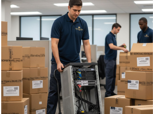 Dynamic, high-angle photo of the professional moving crew loading the branded truck in a typical Chicago neighborhood, emphasizing professionalism. 