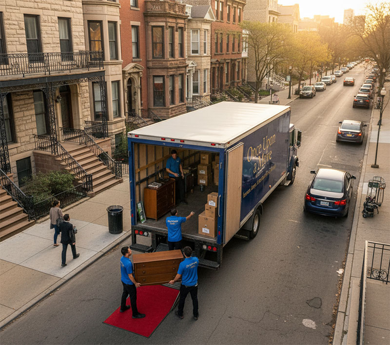 Dynamic, high-angle photo of the professional moving crew loading the branded truck in a typical Chicago neighborhood, emphasizing professionalism. 